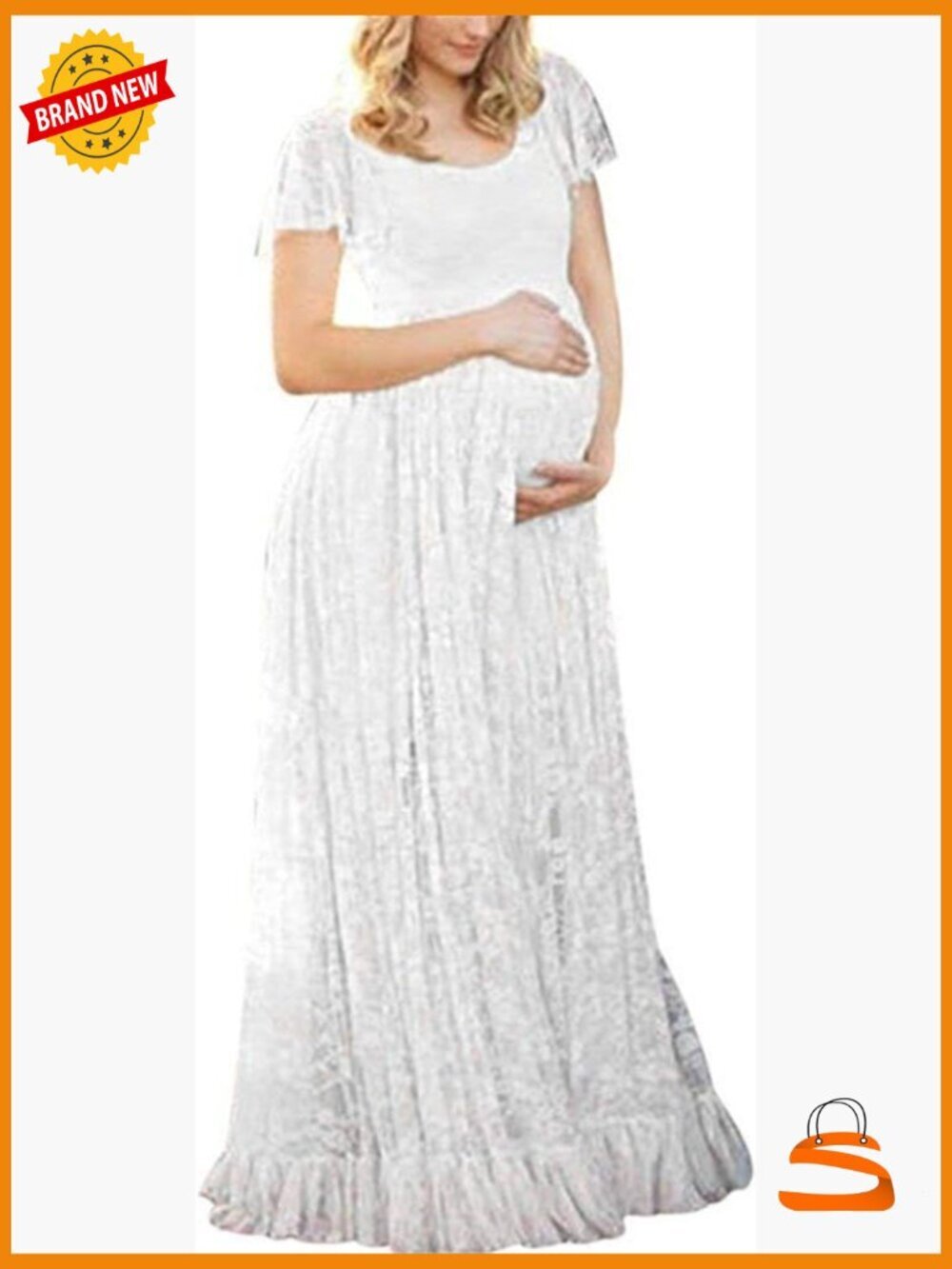 Maternity Nursing Ball Gown Maxi Dress Short Sleeve Floral Lace
